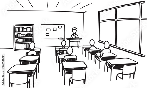 Classroom interior with teacher at desk and students sitting at tables