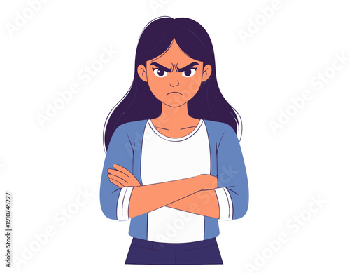 Flat vector illustration of a character showing angry with crossed arms