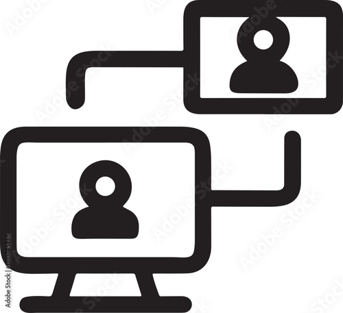Remote communication vector icon showing connected computer screens for video conference
