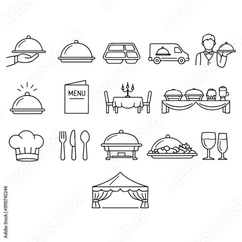 Catering icon set vector. Catering service, food, delivery of ready meals, guest service, menu for event, banquet vector
