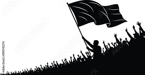 Silhouette of Protest Leader Waving Flag Above Cheering Crowd in Political Rally Demonstration Isolated on White Background for Freedom Concept