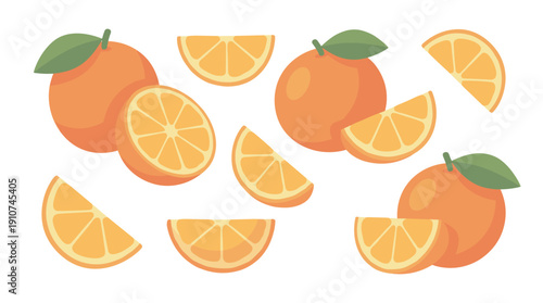 Fresh oranges and orange slices illustration.