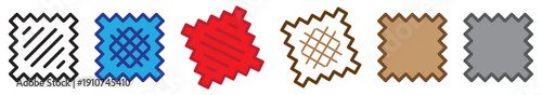 Set of fabric swatch icons in linear and solid color style, isolated on transparent background. Textile sample pieces symbolizing fashion design, garment production, tailoring, and light industry. 
