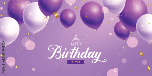 Happy birthday greeting vector design. Birthday text with colorful purple and white balloons and confetti element for party and celebration in purple background. Vector illustration. 
