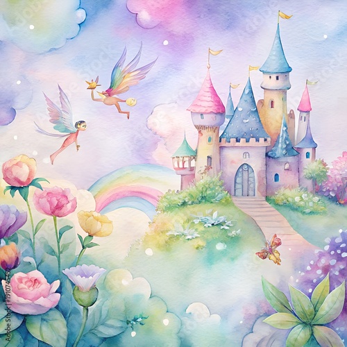 watercolor fairy tale castle background 