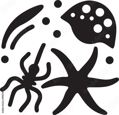 Undersea life silhouettes featuring starfish jellyfish and microscopic aquatic organisms