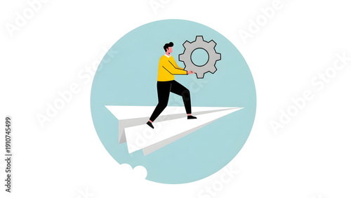 Businessman Flying on Paper Airplane with Gear on Transparent Background PNG for Innovation and Business Growth Concepts