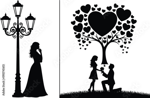 Romantic proposal silhouette scene with couple under heart tree and woman by street lamp vector illustration design