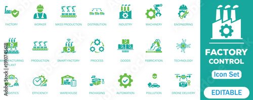 Factory Control icon set. Containing industry, production, machine, manufacture, warehouse, fabrication, goods and more. Solid vector icons collection.

