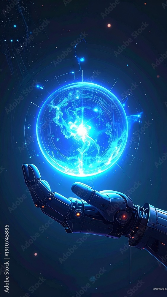 Naklejka premium Cybernetic Hand Holding Glowing Orb - Futuristic Tech Concept with Energy Ball and Innovation Spark.