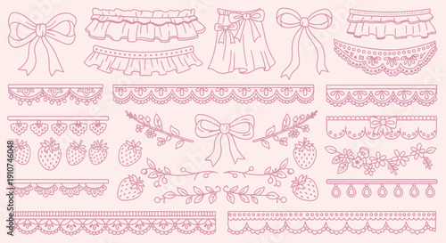 Cute Pink Hand-Drawn Decorative Border Elements with Ribbons and Strawberries