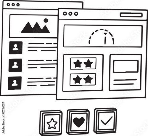 Website interface wireframe with browser windows and UI elements for software development