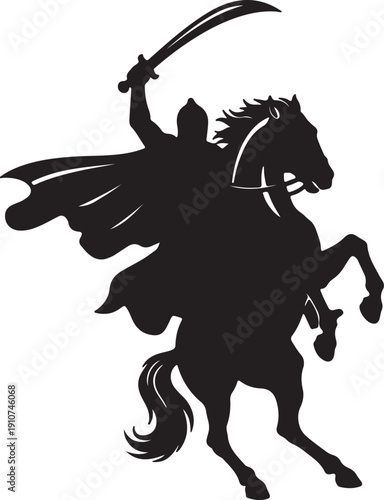 A bold warrior on a majestic rearing horse with a mighty sword, in a striking silhouette