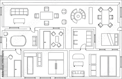 A black and white floor plan with various rooms and furniture isolated on transparent background
