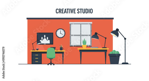 Modern Creative Studio Interior with Desks and Lamps.