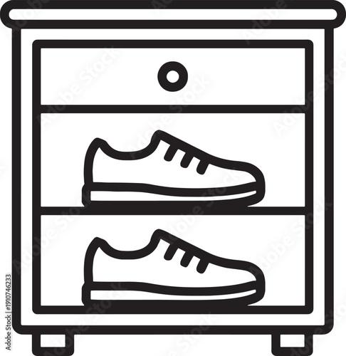 Black and white illustration of shoes in a shoe rack storage