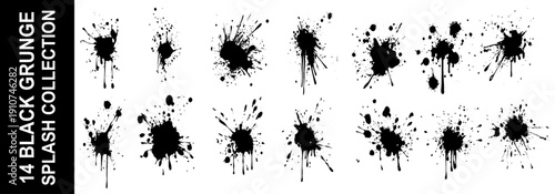 Grunge ink splatter. Splash of paints, spray drops staining and frame with wet paint drop traces  set. Illustration splash and drip design, silhouette blob spray collection. 
