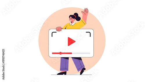 Happy Woman Presenting Digital Video Player Interface on Transparent Background PNG for Content Creation and Social Media Marketing