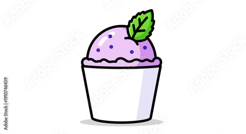 Cartoon Illustration of Blueberry Ice Cream Cup with Mint Leaf.