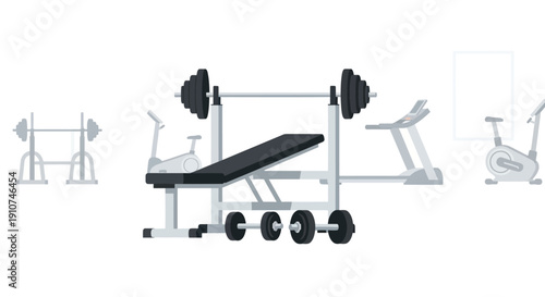 Gym Weight Bench with Barbell and Heavy Weights for Strength Training.