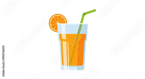 Glass of Fresh Orange Juice with Slice and Straw.