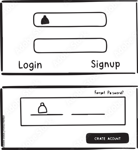 Login and signup page wireframes with simple input fields and account creation buttons set