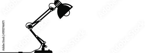 Adjustable desk lamp silhouette is positioned facing upward against a stark white background with visible cord.