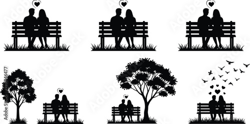 Romantic couple silhouettes sitting on park bench with hearts trees and birds vector illustration love collection design