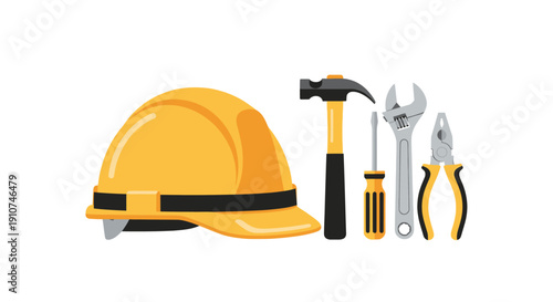 Essential Construction and Repair Tools with Yellow Safety Hard Hat.
