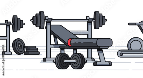 Gym equipment including weight bench barbell dumbbells and treadmill.