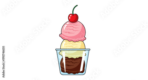 Cartoon Ice Cream Sundae with Cherry Topping in Glass Cup.