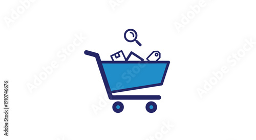 Blue Shopping Cart Filled with Various Items and a Magnifying Glass Icon.