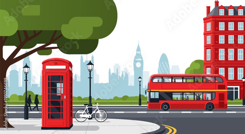 Classic London Transportation and Iconic Landmarks - Vector Illustration