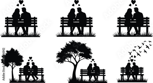 Romantic couple silhouettes sitting on park bench with hearts and trees vector illustration love scene collection isolated background