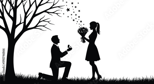 Romantic proposal silhouette man kneeling with ring before woman holding bouquet under tree vector illustration love concept design