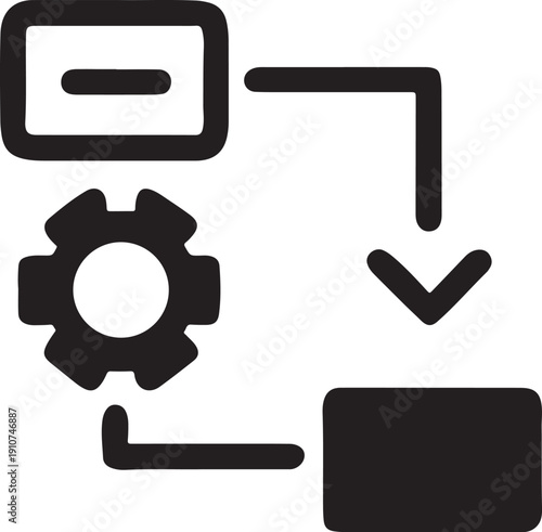 Data processing workflow with minus symbol on computer, gear, and output box