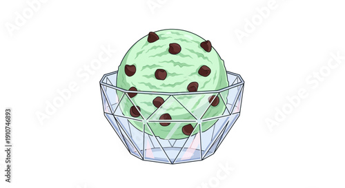 Refreshing Mint Chocolate Chip Ice Cream Scoop in a Crystal Bowl.
