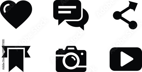 Black and white social media heart chat bubble link heart, chat bubble, link, ribbon, camera, play button, social media black white background, flat simple shapes, symbols, digital signs, black, white
