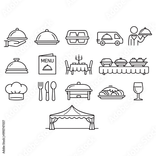 Catering icon set vector. Catering service, food, delivery of ready meals, guest service, menu for event, banquet vector