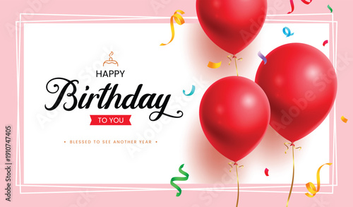 Birthday greeting card clipart banner. Happy birthday wishes in border frame clip art with white and red balloons decoration elements in pattern background vector illustration. 
