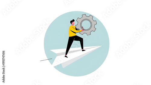 Businessman Flying on Paper Airplane with Gear on Transparent Background PNG for Innovation and Business Growth Concepts