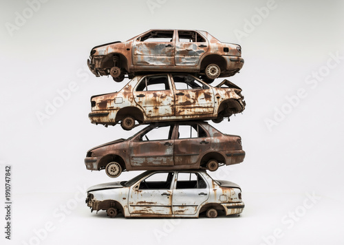 Stacked Rusty Abandoned Cars Forming a Vertical Scrap Tower