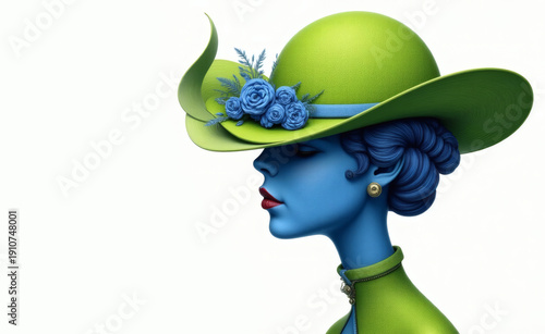 A mannequin with a blue face and cobalt blue hairs wears an extravagant lime green hat decorated with cobalt blue roses against a white background. Abstract illustration.
