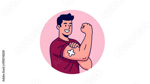 Strong Man Showing Arm with Adhesive Bandage After Vaccination on Transparent Background for Healthcare and Immunity
