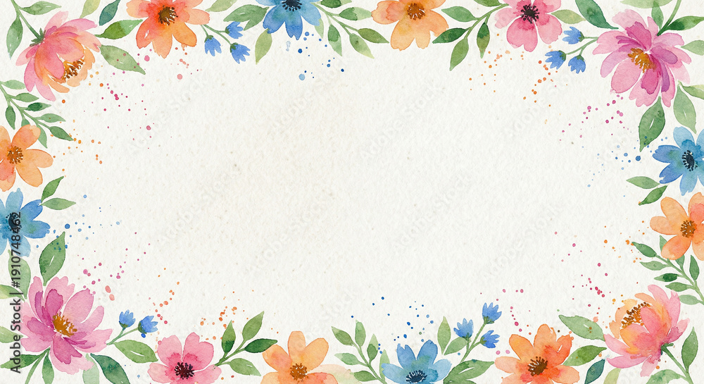 Obraz premium Flower Frame Rectangular Watercolor Hand Painted Splatter Artwork Pastel Pink Blue Orange Green Textured Paper Surface
