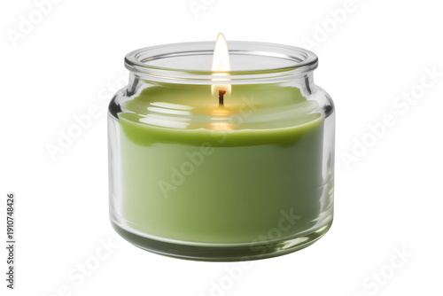 Green candle in a glass jar with flame burning light isolated on a transparent background