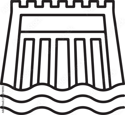 Hydroelectric dam structure with flowing water in a simple black and white outline icon