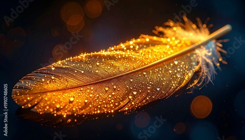 Golden Feather with Dewdrops Artistic Macro Image for Wellness Spirituality and Calmness.