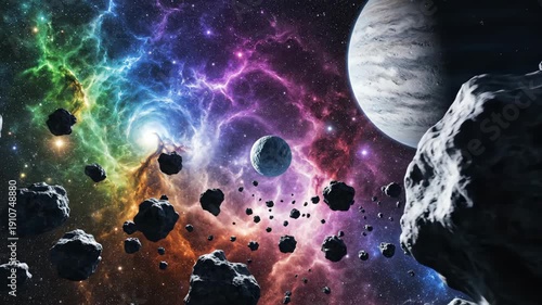 Colorful nebula background with asteroids and planets in deep space