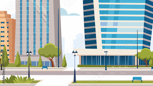 A modern cityscape illustration featuring tall buildings and a park area